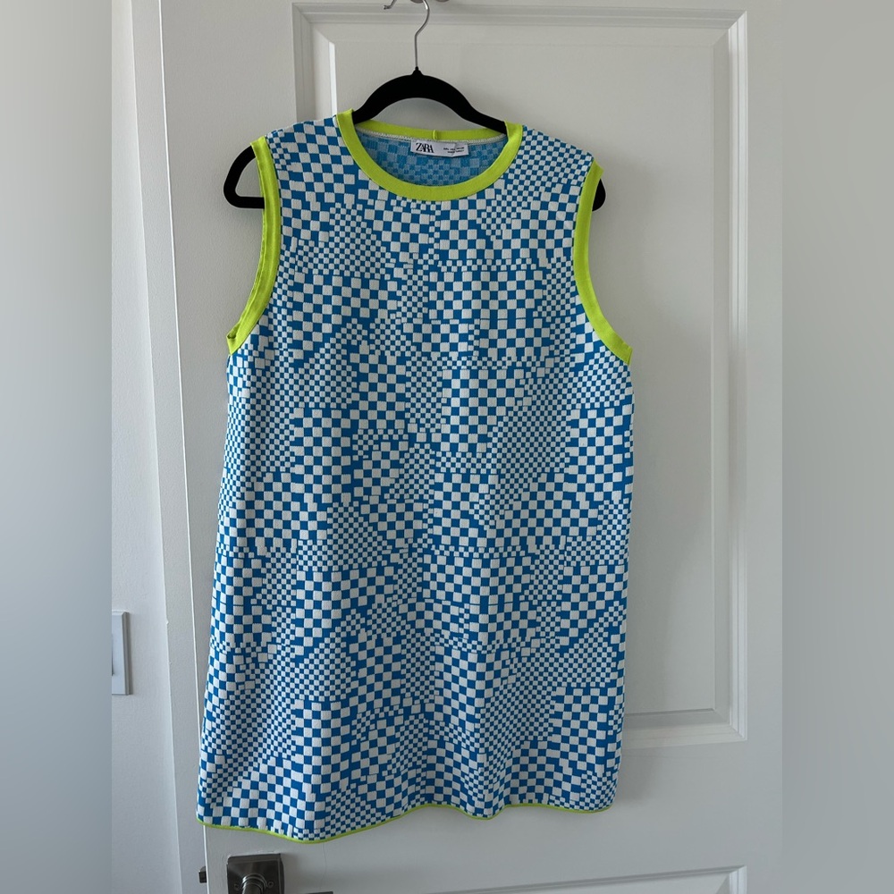 Zara Blue and White Checkered A-line dress with neon green Trim